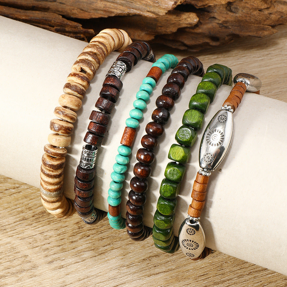 Wholesale Wooden bead alloy multi-layer elastic bracelet